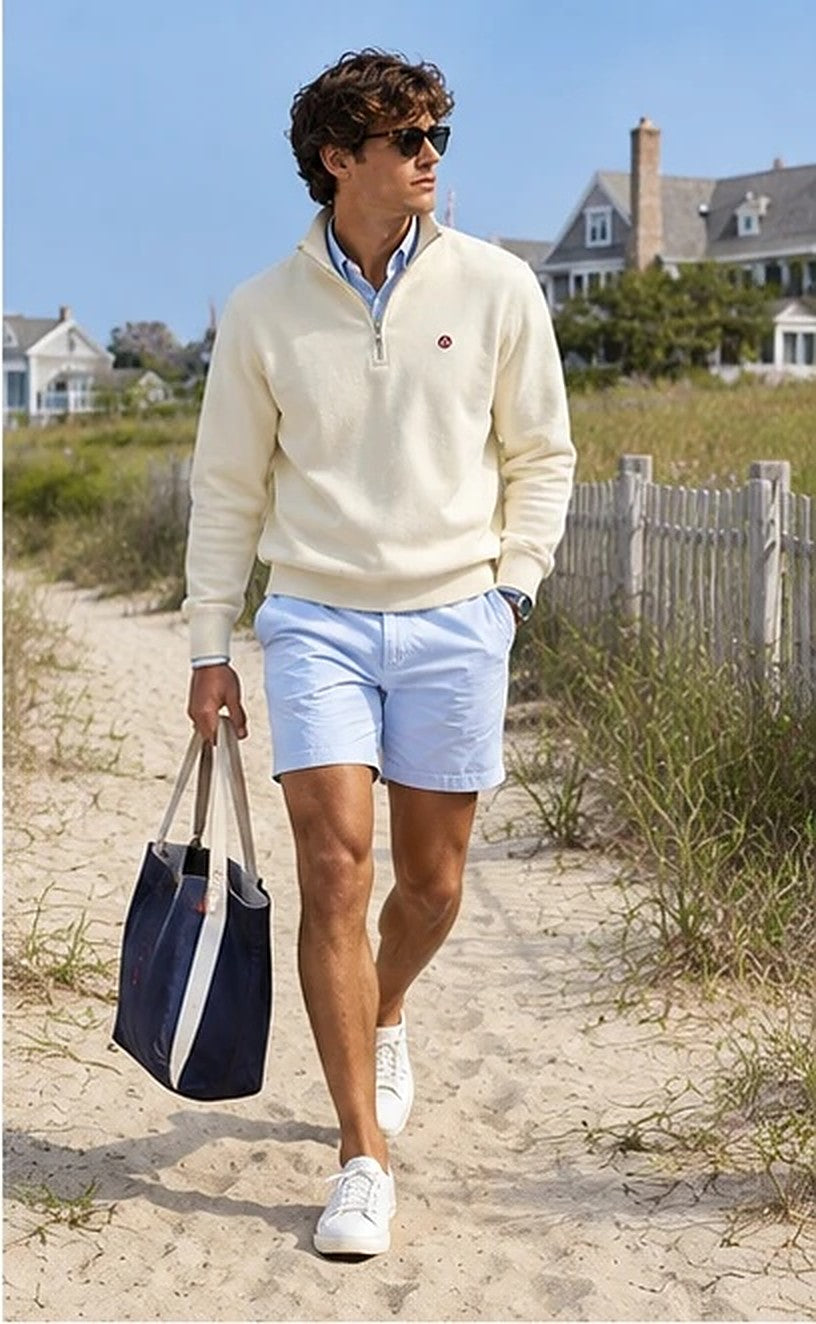 KYOTO QUARTER ZIP beige paseando por la playa