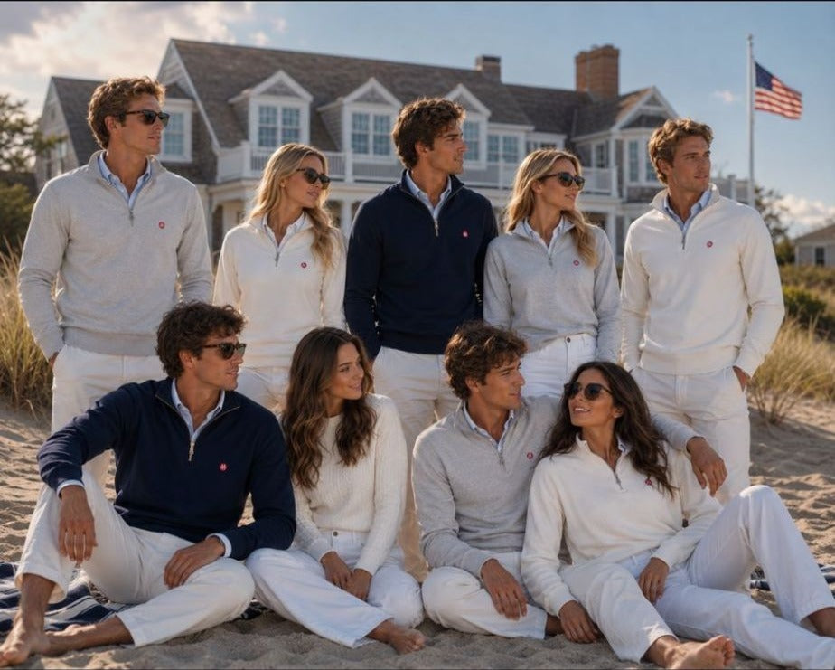Grupo de amigos en la playa con los jerseys KYOTO QUARTER ZIP en beige, navy y gris
