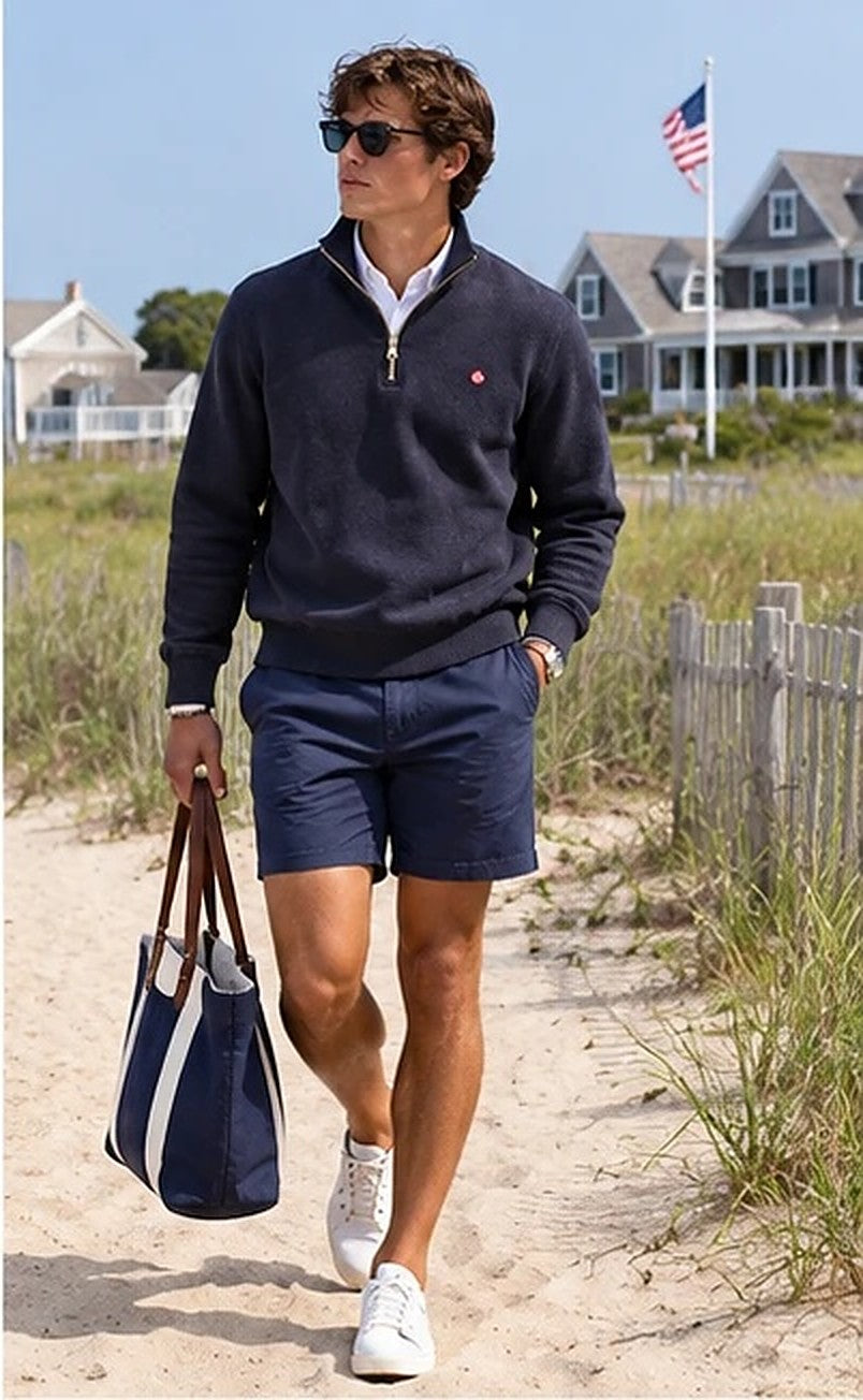 KYOTO QUARTER ZIP navy paseando por la playa